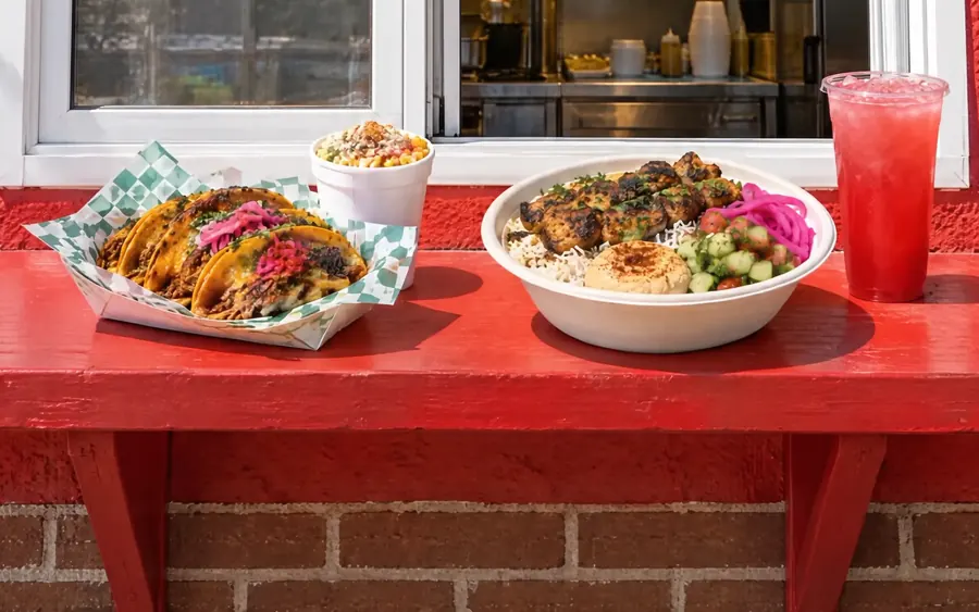 A red walk-up window counter with a tray of birria tacos, a cup of esquite, a kebab bowl with hummus and a pink agua fresca.